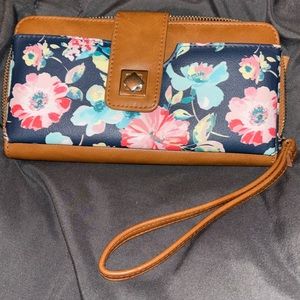 Blue and brown leather like floral wristlet